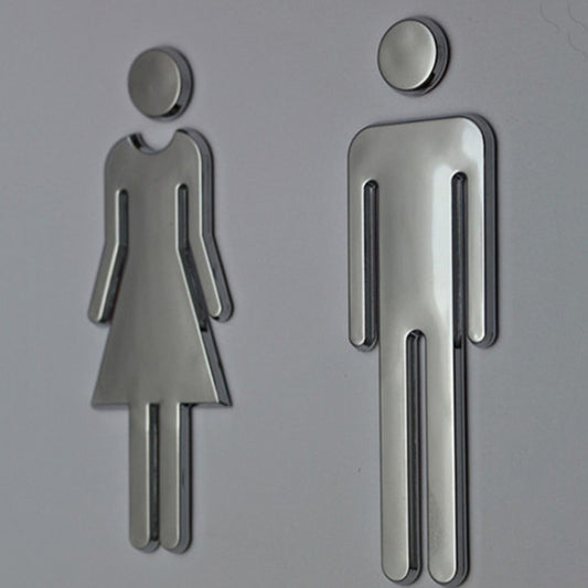 3D restroom door sign decals in silver, male and female icon stickers