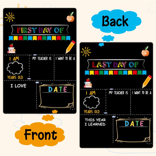 Black hanging message board showing front and back designs for First Day and Last Day