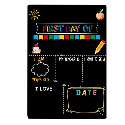 Black hanging message board with colorful graduation chalk-style First Day and Date