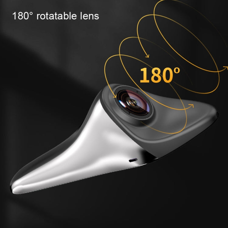 Auxiliary mirror camera with rotatable 180° lens, black and silver housing