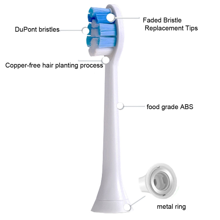 Electric toothbrush replacement head with blue bristles and metal ring base