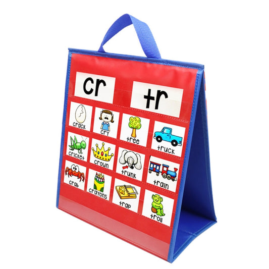 Foldable desktop pocket chart with handle; red front panel with letter/number pocket tiles