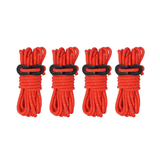 Red reflective camping support rope set: 4 coiled cords with black hook clips