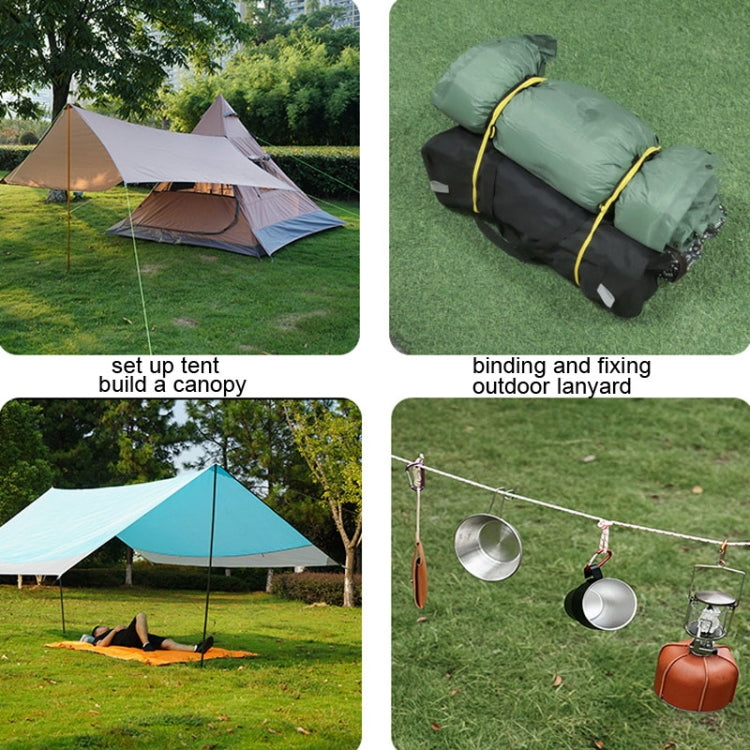Canopy tie-down ropes and lanyard securing a camping tent on grass