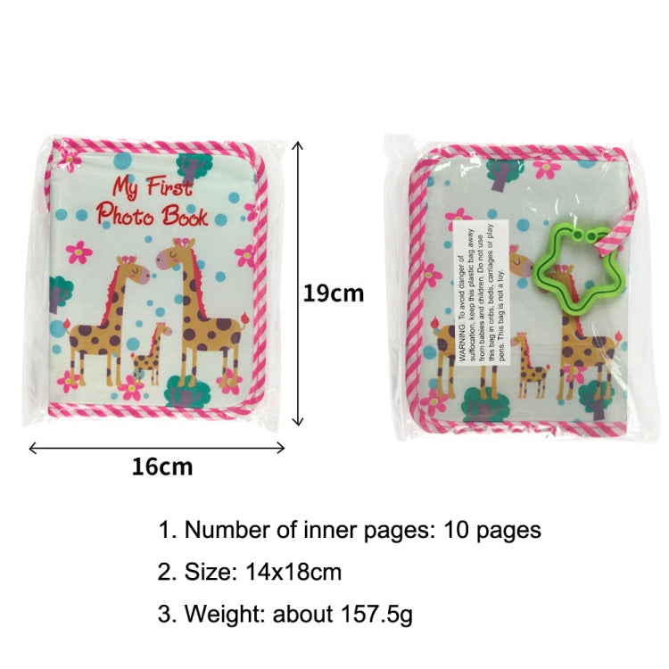 Baby photo book with giraffe cover, front and back shown with star teether attached