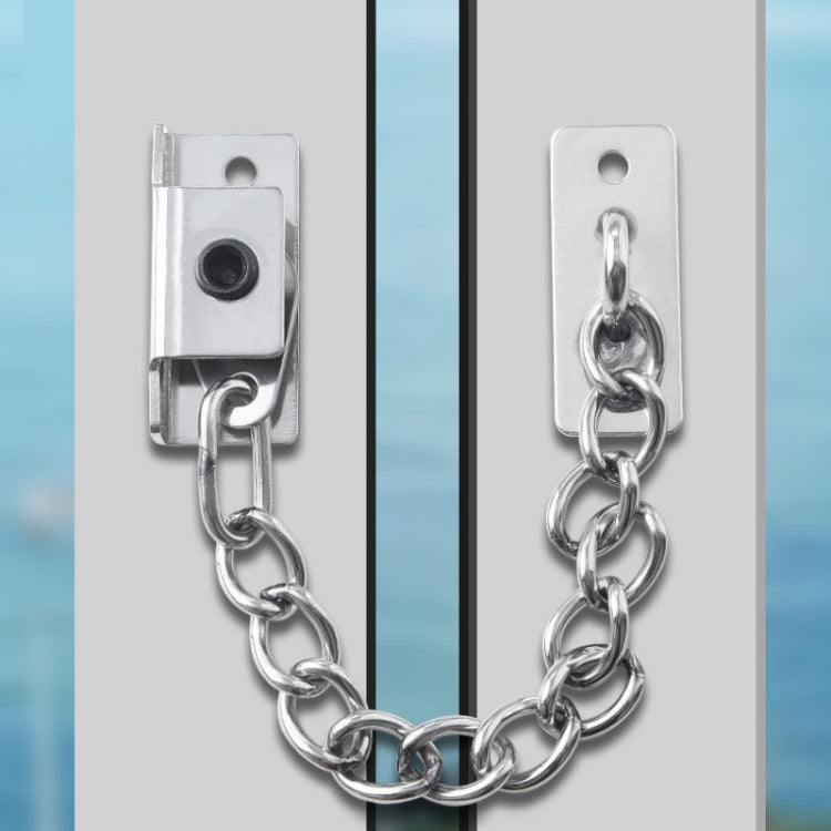 White stainless steel window limit chain lock with linked chain and latch plates