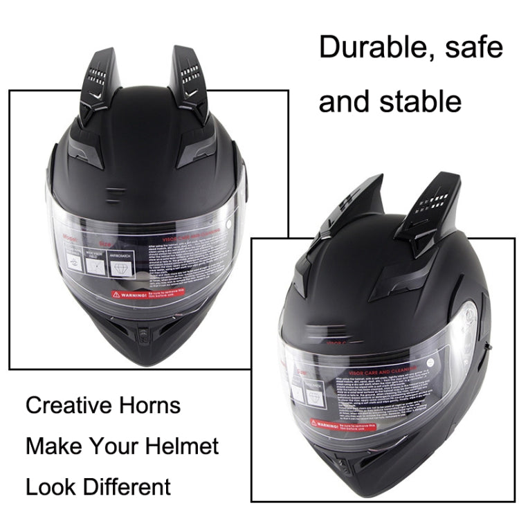 Motorcycle helmet with black plastic horn decorations, front and rear angles