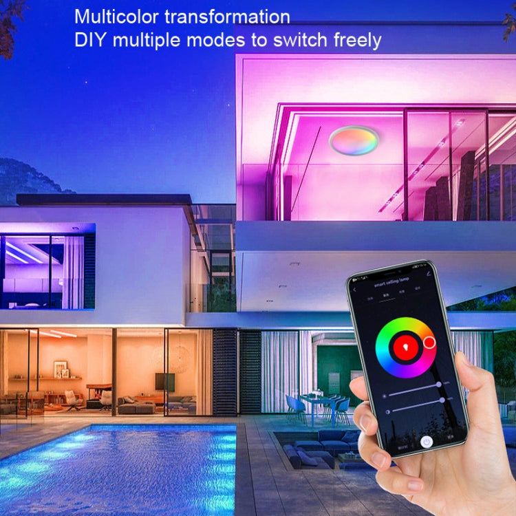 RGB ceiling LED light with multicolor glow, smartphone app control shown