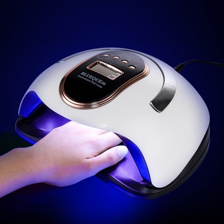 UV LED nail lamp emitting blue curing light, white and black with rose-gold panel