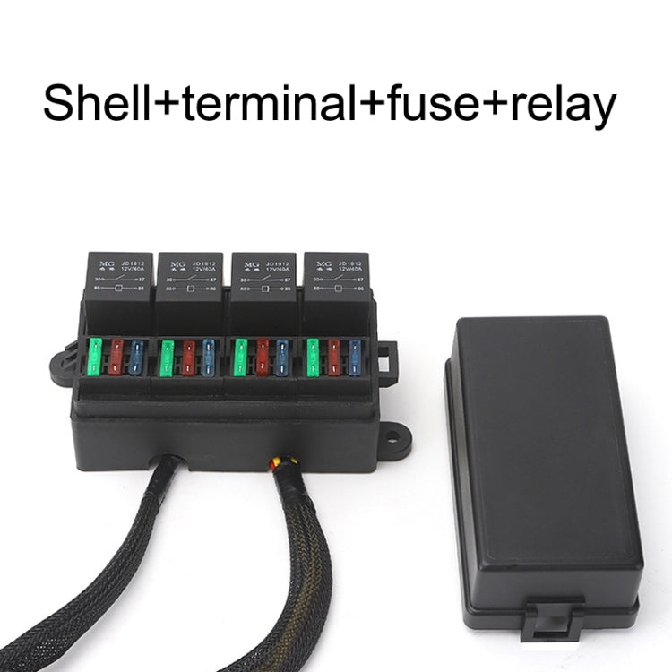 Car fuse and relay box with harness leads and a separate black cover panel