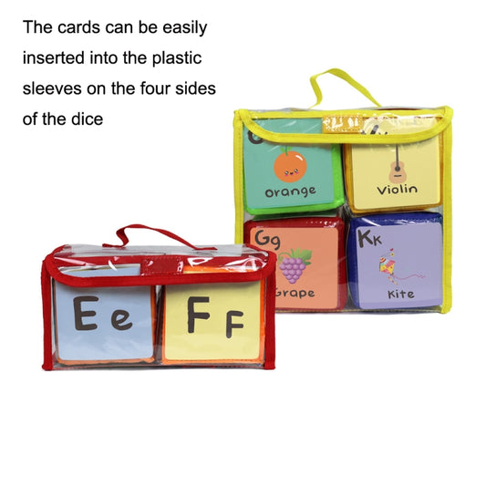Zippered storage pouches holding picture and letter cards for learning dice