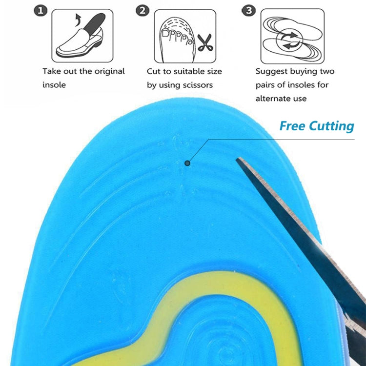 Blue silicone gel arch cushion with contoured gel dome and yellow rim