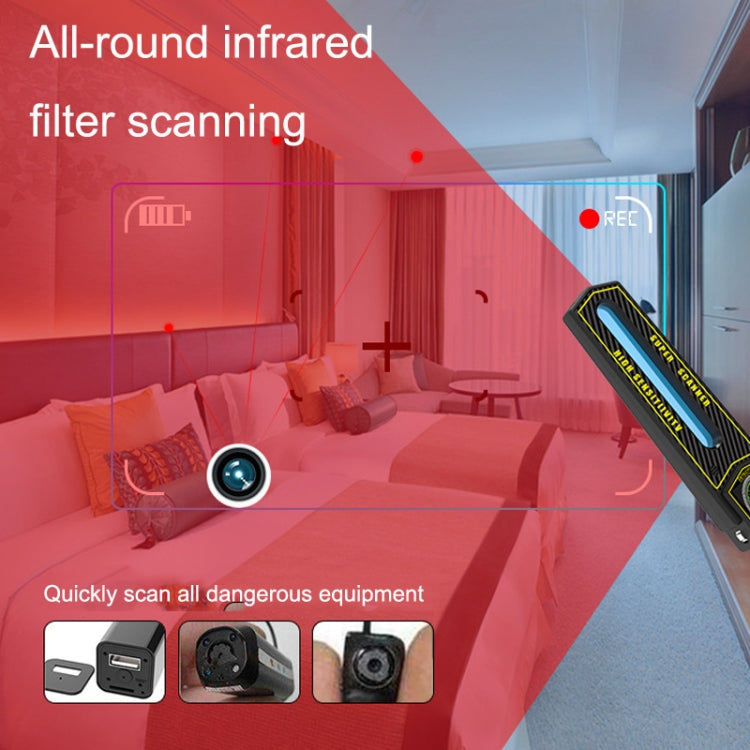 Handheld signal detector with blue infrared scan window, in-use orientation