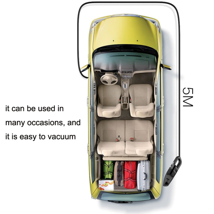 Portable wired car vacuum cleaner shown with attachments inside a vehicle storage area