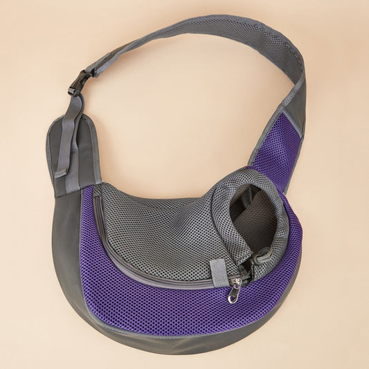Breathable cat shoulder messenger bag with widened strap, purple and gray mesh