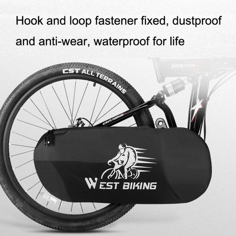 Black bicycle chain dust cover with WEST BIKING logo installed on front wheel.