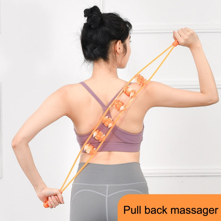 Back pull massager with orange roller bar used on a person’s upper back