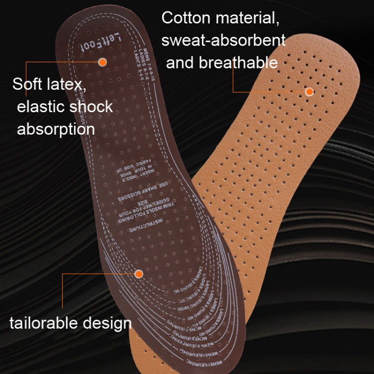 Overlapping perforated tan and dark brown latex insoles, shaped for left and right