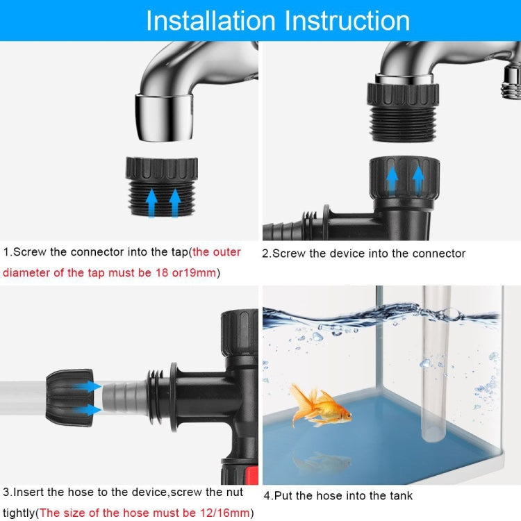 Installation kit for faucet-style water changer: metal connector, hose, and threaded rings