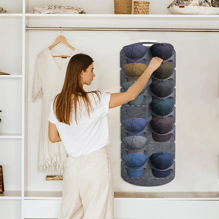 Felt hanging cap storage bag filled with baseball caps, long vertical grid for storage