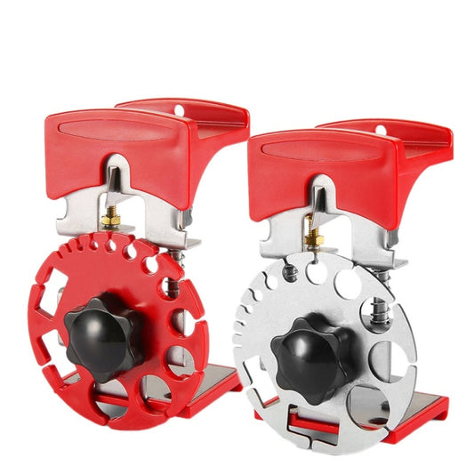 Pair of adjustable handheld wire strippers with red housings and metal cutting wheels