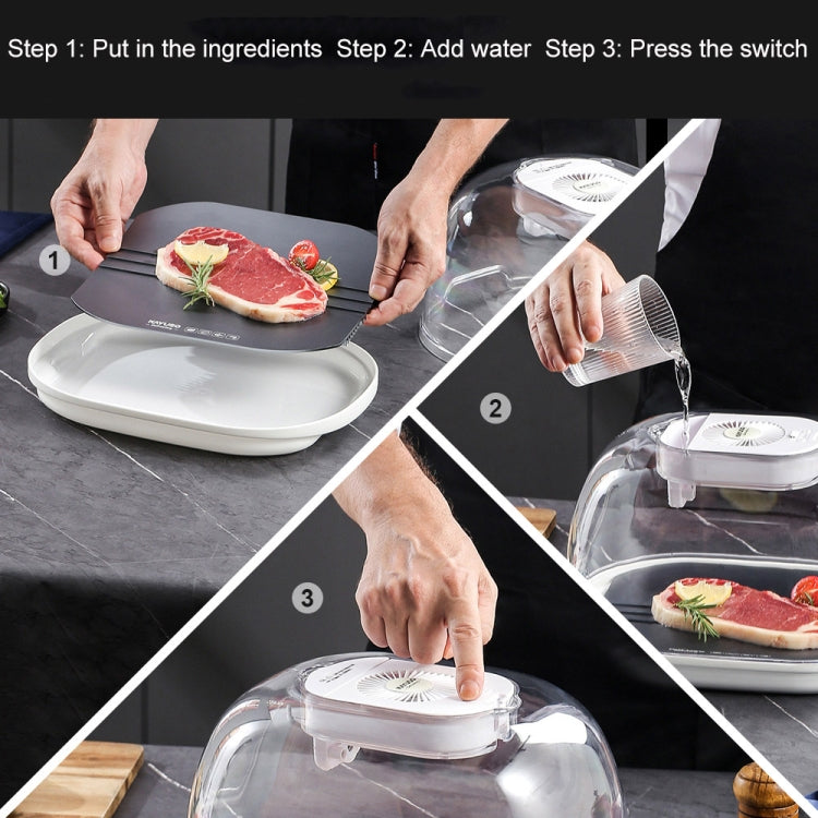 Quick thaw tray steps shown: load food, add water, and press switch on dome