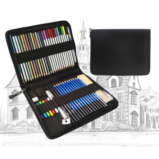 Color pencil set in black zip case, open to show colored pencils and built-in storage