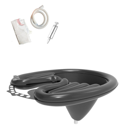 Black reclining shampoo basin with drain pocket and included hair-wash accessories