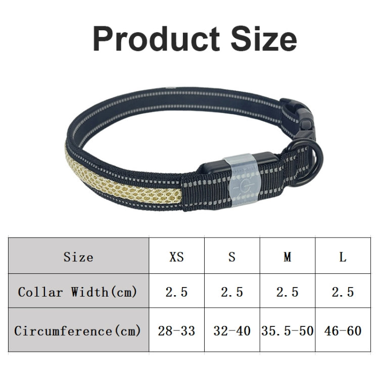 Pet LED collar size chart: 2.5 cm width; XS to L neck circumference ranges