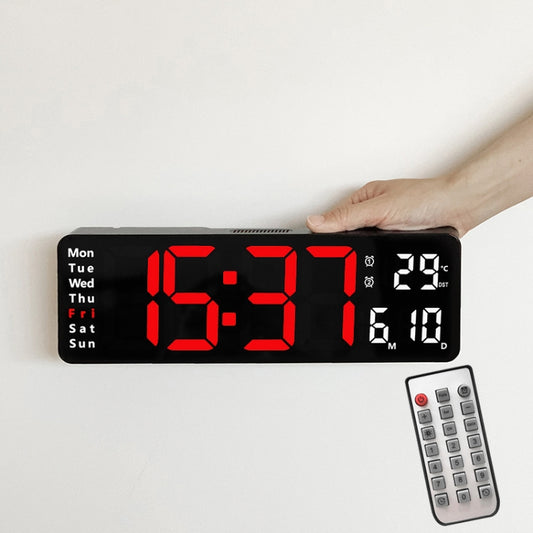 Black 13-inch LED wall clock with red digits and temperature, plus remote control