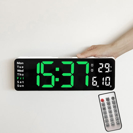 Black 13-inch LED wall clock with green digits and temperature, plus remote control