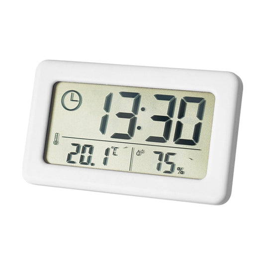 White mini LCD temperature-humidity clock with large digital time and readings