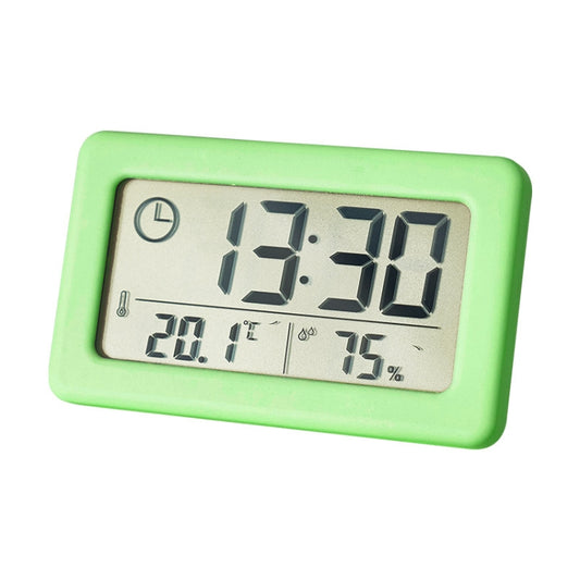 Green mini LCD temperature-humidity clock with large digital time and readings