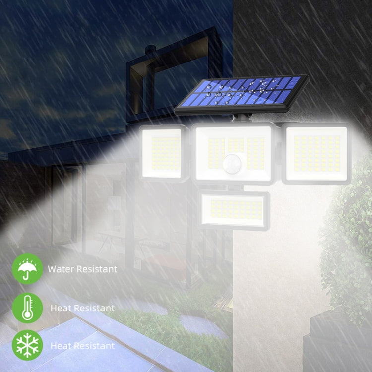 Solar wall light with LED panels, water and heat resistance indicator icons