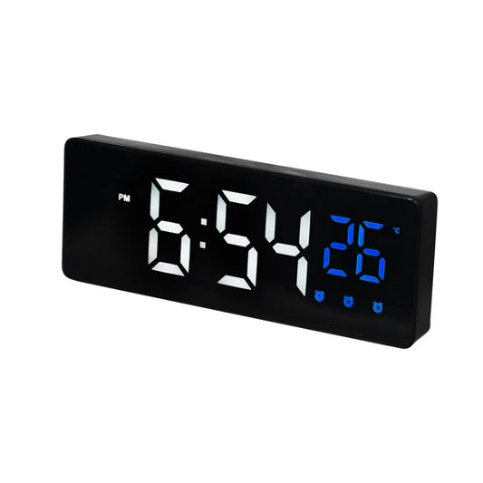 Black digital voice-activated LED clock with blue time and temperature display