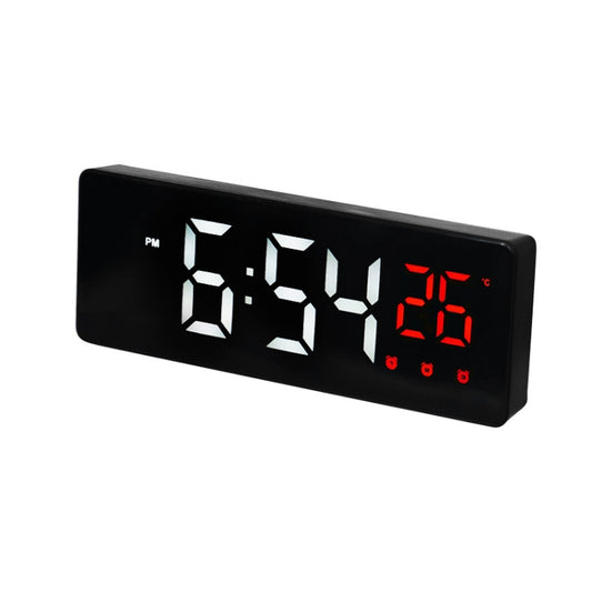 Black digital voice-activated LED clock with red time and temperature display