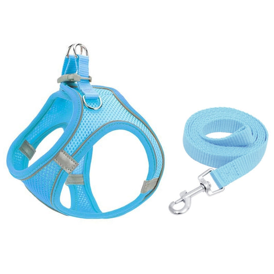 Light blue breathable pet chest strap vest with reflective panel and traction rope