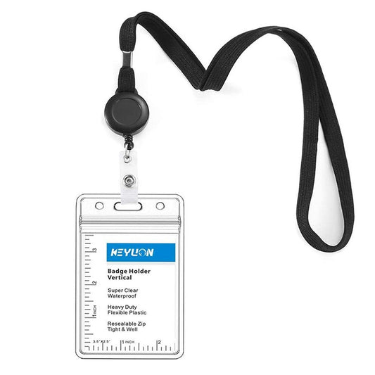 Clear vertical ID badge holder with black lanyard and zipper top