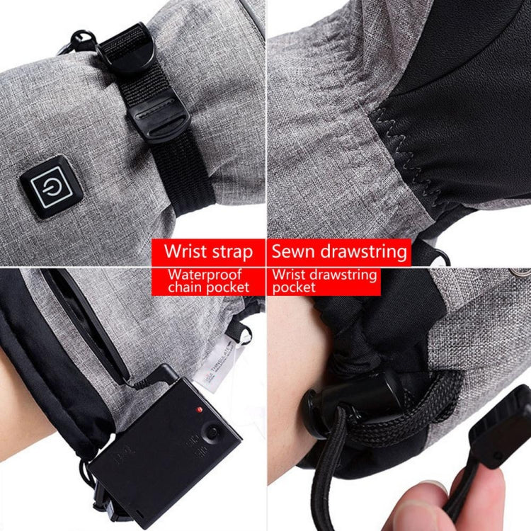 Heated gloves with wrist strap, sewn drawstring, and detachable control/battery pouch