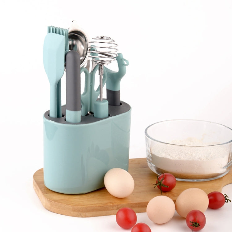Kitchen peeler set with mint teal storage holder and stainless tools, with brush