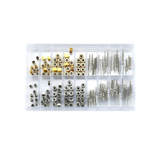 Watch crown and stem repair parts assortment in clear divided organizer tray