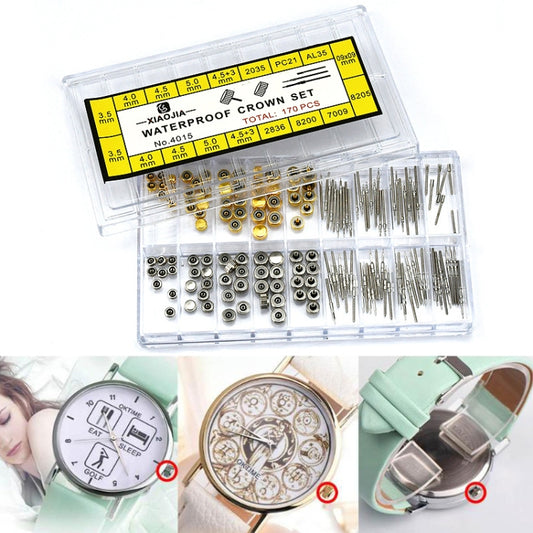 170-piece watch crown and stem repair parts set in clear plastic organizer box