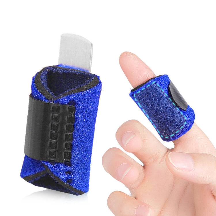 Blue finger strap protector close-up with black adjustable side closure