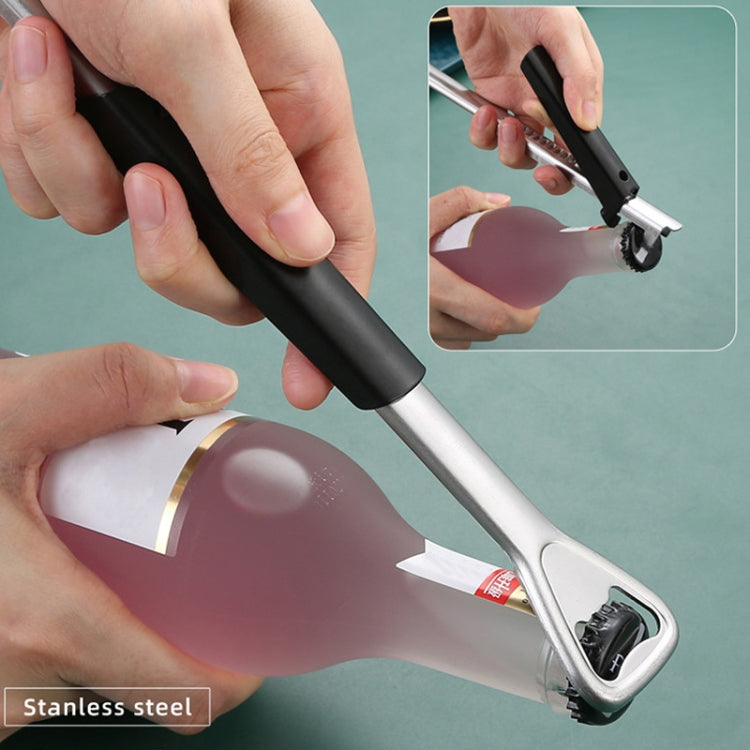 Retractable stainless steel can opener with black grip and silver cutting head