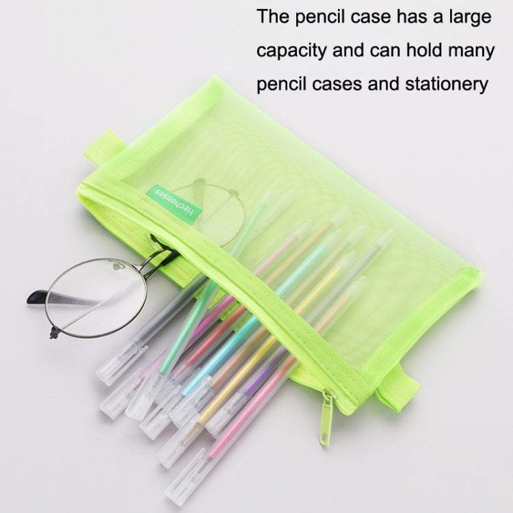 Neon green transparent mesh zipper pen bag holding pens and colored stationery