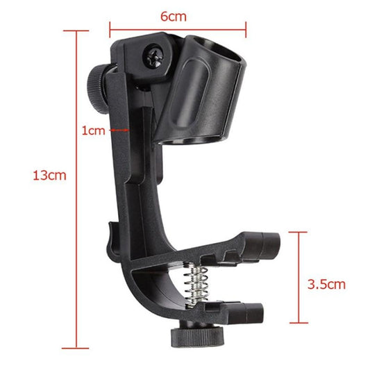 Black adjustable drum rim mic clamp mount with labeled size measurements