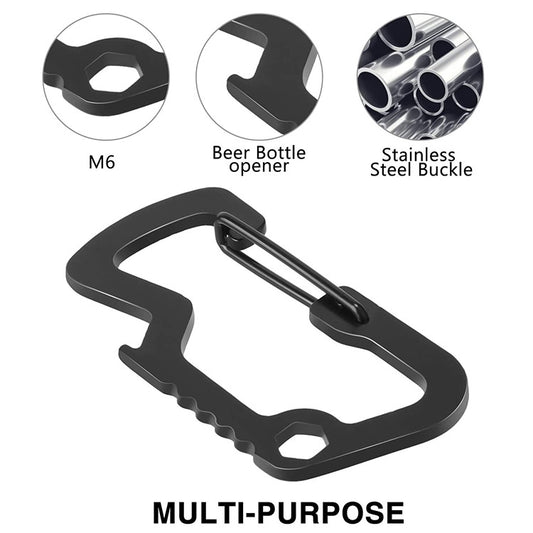 Black D-shaped carabiner bottle opener with metal buckle detail
