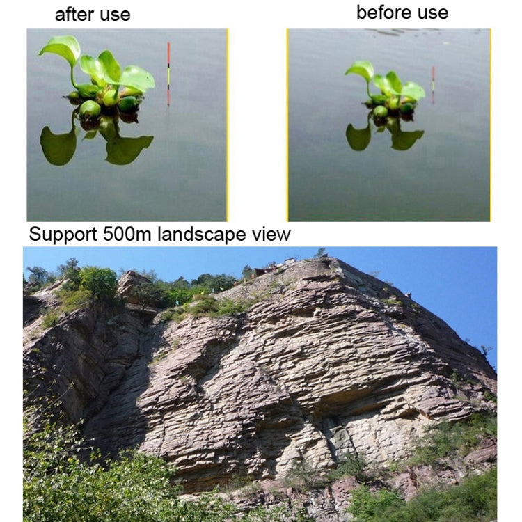 Before/after use graphic showing landscape view with 500m support label
