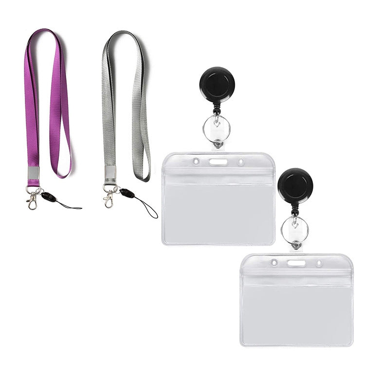 Transparent PVC horizontal ID badge holders with purple and gray lanyards and clear sleeves