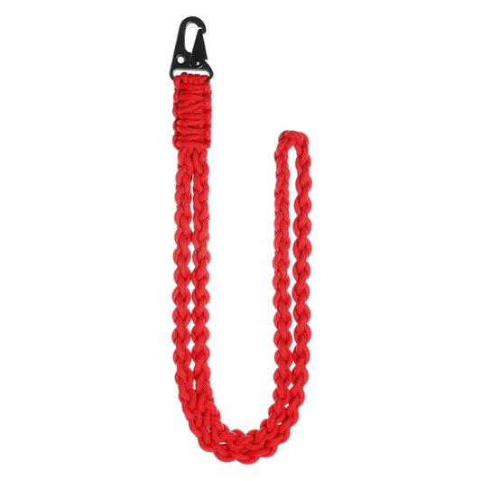 Red braided paracord lanyard with black metal hook clasp